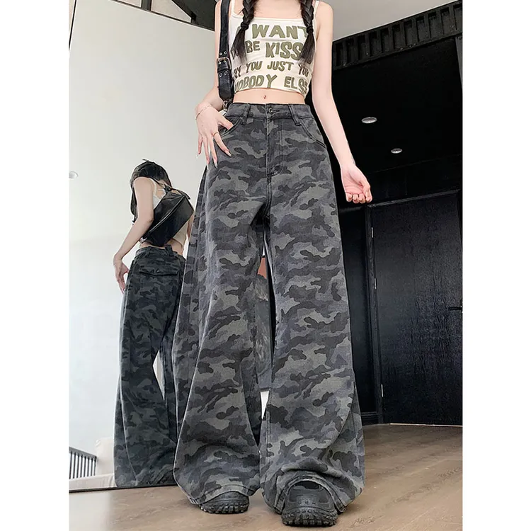 300斤特大码女装美式迷彩阔腿牛仔裤女复古高街宽松显瘦直筒长裤
