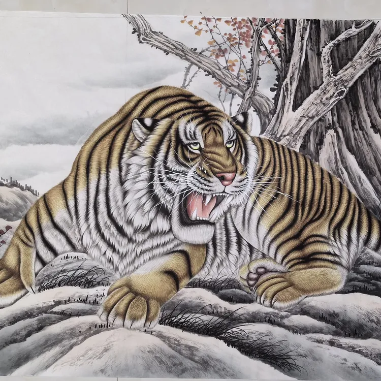 书房茶室装饰六尺虎卧福地国画作品装饰画