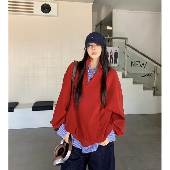 复古红色拉链立领长袖套头卫衣女秋季设计感慵懒宽松小众百搭上衣