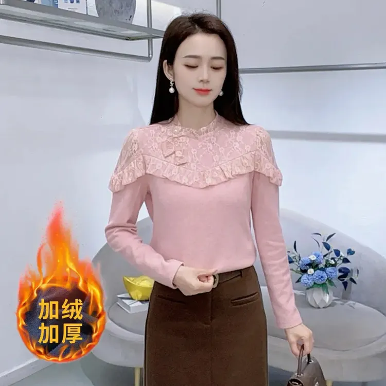 时尚加绒加厚长袖衬衫女2025冬季新款洋气显瘦蕾丝拼接蝴蝶结上衣