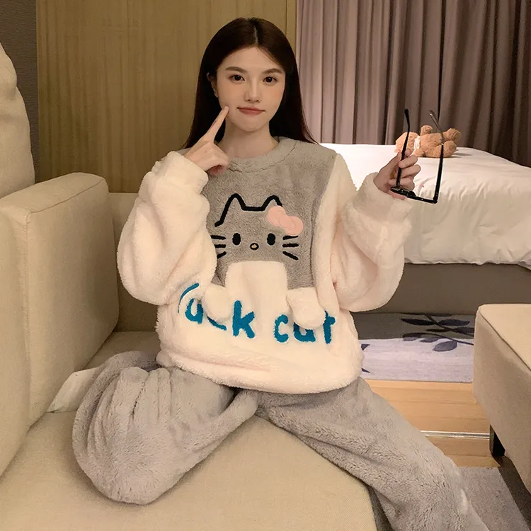 2025新款韩版冬季加厚保暖长毛绒珊瑚搂怀卡通字母小猫套装家居服
