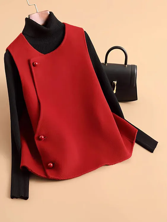 新中式国风红色毛呢马夹女秋冬短款无袖高端呢子马甲大衣F