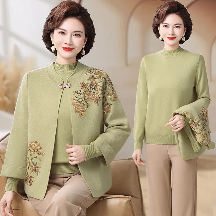 2025新款中老年女装绣花针织两件套装妈妈装秋冬毛衣唐装外套1792