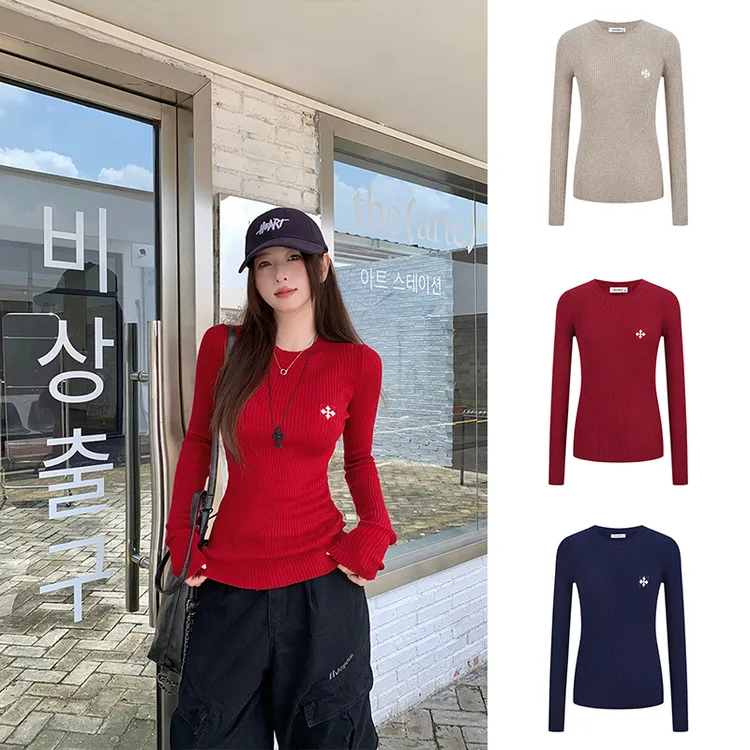 Moses Queen/魔西女王新年红粗坑条弹力针织打底衫十字提花上衣