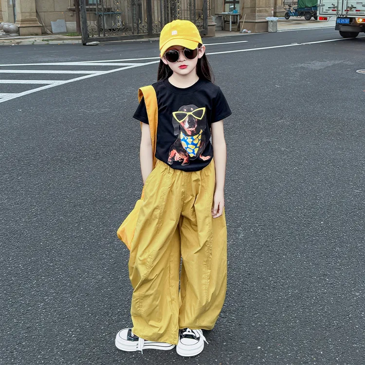 女童夏季2025新款韩版洋气休闲运动印花T恤阔腿气球裤两件套潮酷