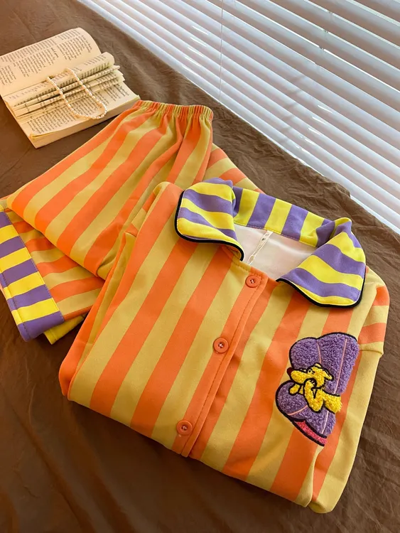 韩国卡通小狗条纹德绒睡衣女秋冬款可出门大码家居服套装2025新款