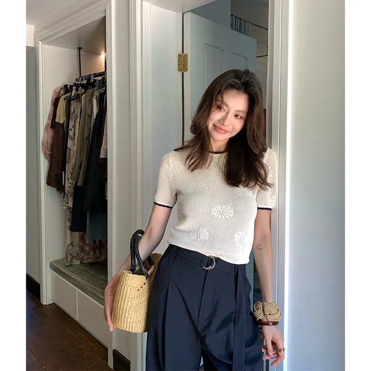 【ALONE SAVOR】龍喜儿 黑与白 镂空针织衫短袖上衣Z638