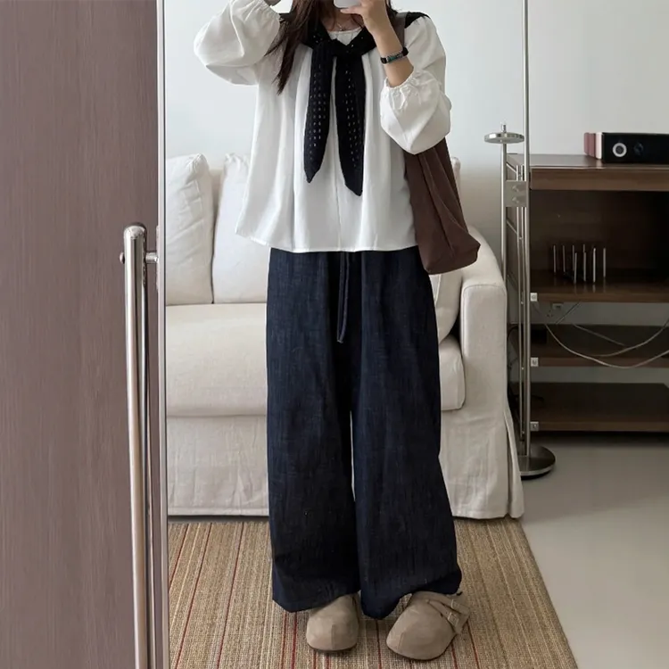 深蓝色松弛感休闲阔腿裤女2025胖mm宽松显瘦九分日系棉麻阔腿裤