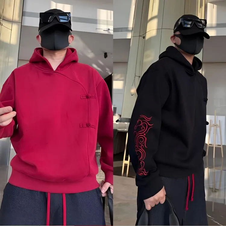 金先生秋冬马年大吉中式盘扣刺绣休闲时尚连帽加绒短款保暖卫衣