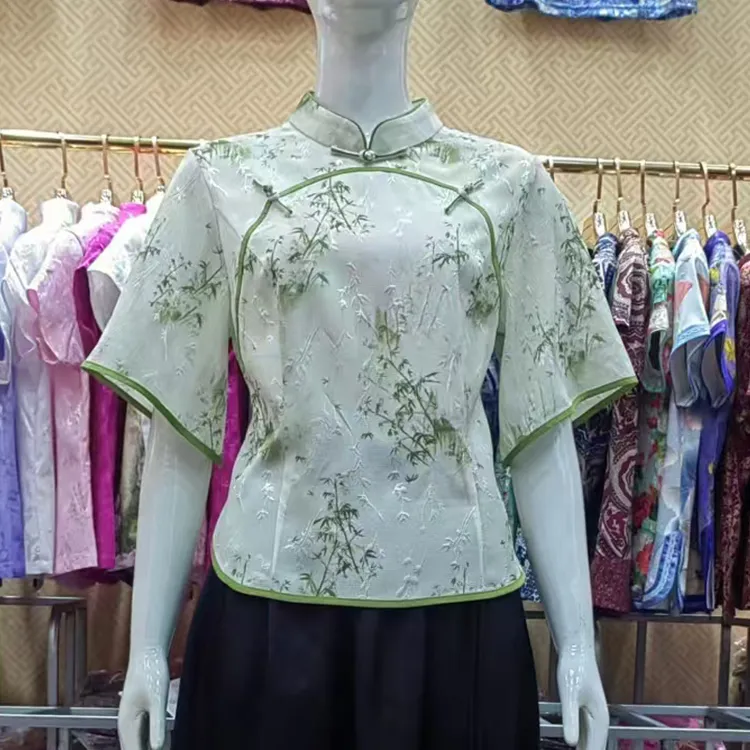 学院风旗袍中袖荷叶袖上衣薄款夏季唐装盘扣青年妈妈装夏季上衣
