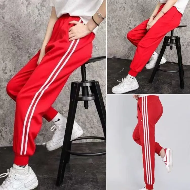 大红色春秋小初高束脚校服裤子学生裤子束脚宽松学生运动校服裤子