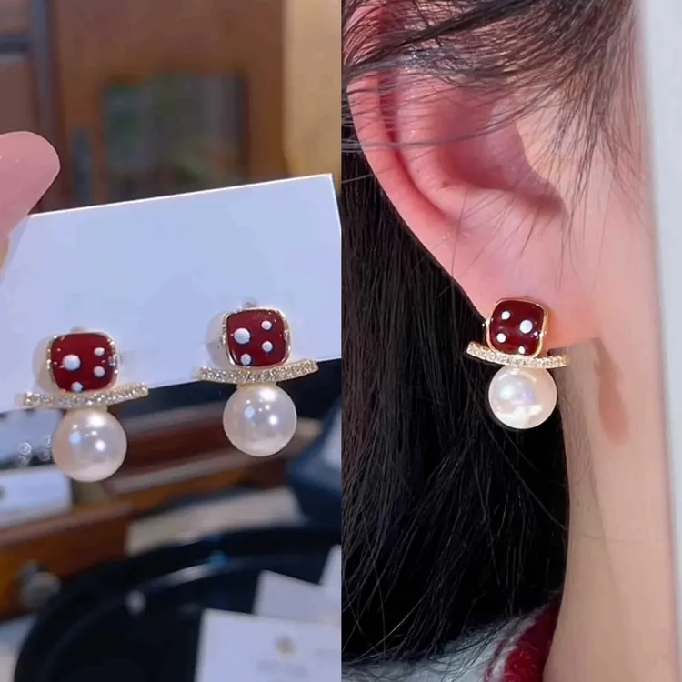 铜合金耳饰 安可拉红滴油方形珠珠锆石拼接耳扣女精致小巧耳饰品