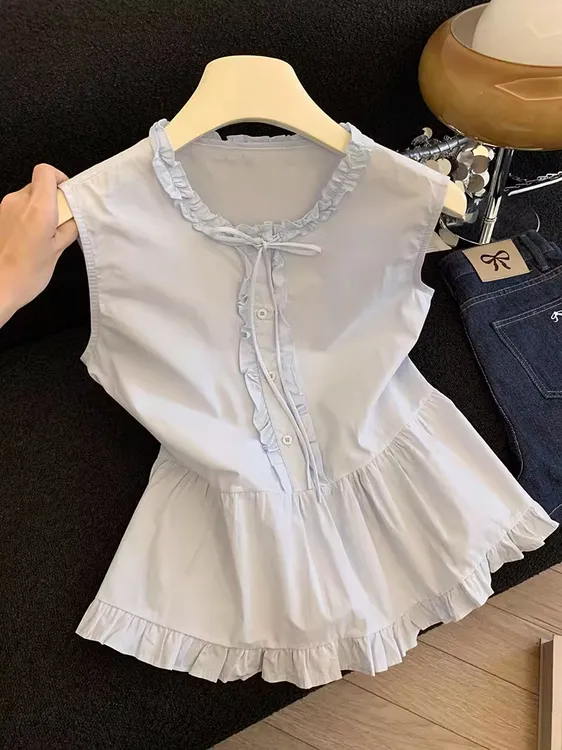 法式气质木耳花边蓝色衬衫背心女夏季甜美系带洋气减龄娃娃衫上衣