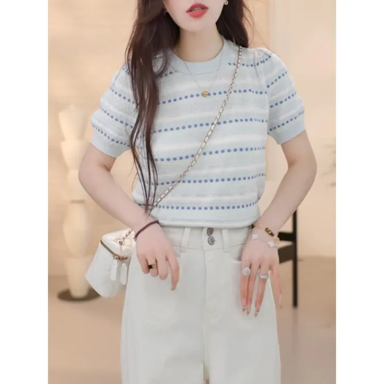 薄款冰丝碎花蓝色短袖t恤针织衫女装夏季2025新款高级感上衣正肩