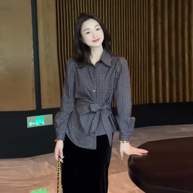 韩系简约系带格子长袖衬衫女2025年春秋新款大码洋气休闲收腰上衣