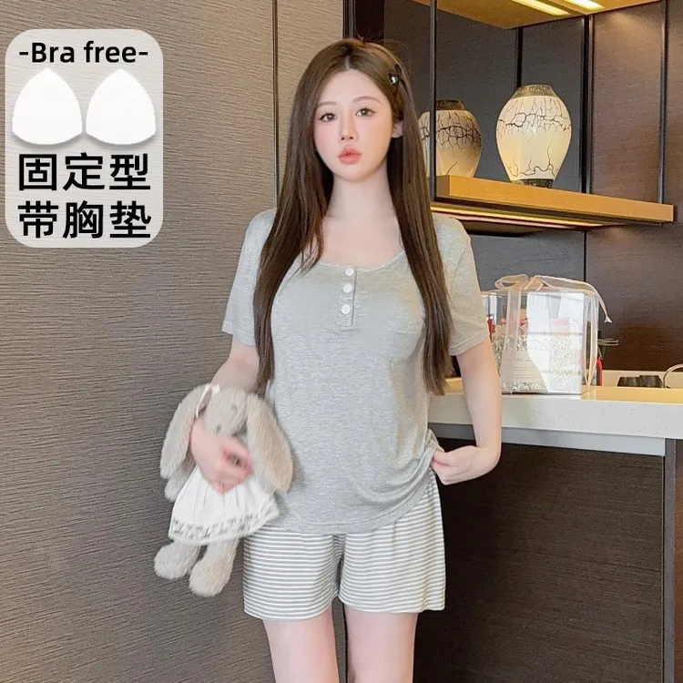 莫代尔睡衣女甜美带胸垫短袖短裤加肥大码220斤家居服外穿
