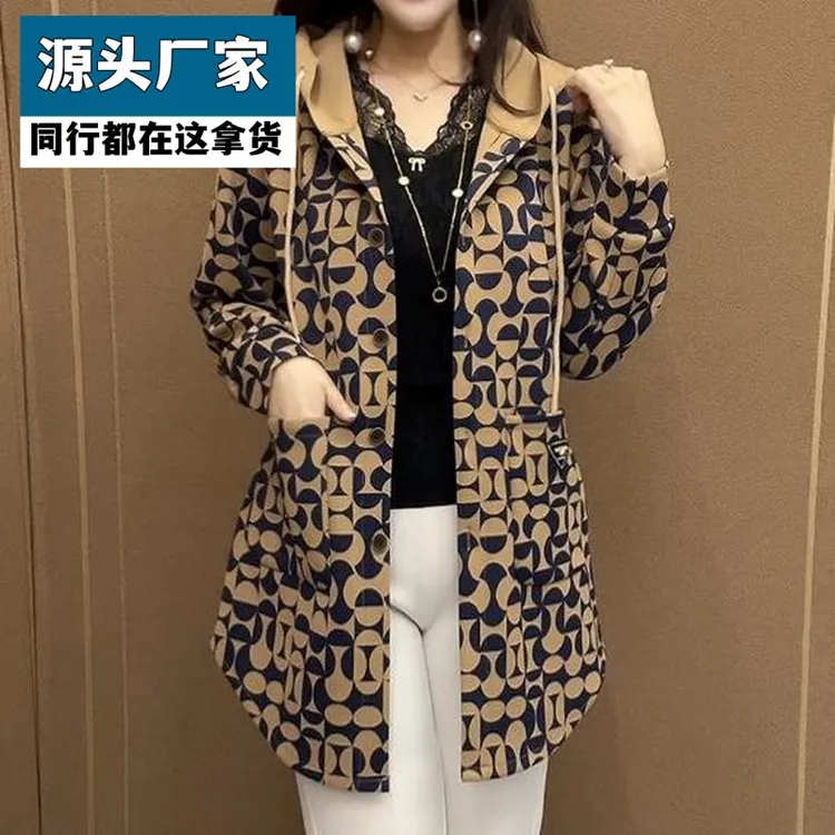 梵乐芬中年妈妈连帽外套女2025秋季新款时尚印花中长款休闲减龄百