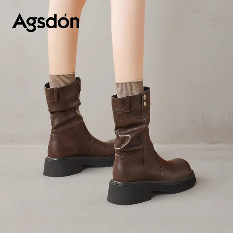 奥古狮登棕色短靴女2025新款秋季爆款厚底中筒马丁靴美拉德西部靴