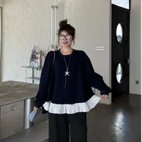 晶咕软软【有氧甜心】韩版设计感宽松休闲拼接花边下摆长袖卫衣