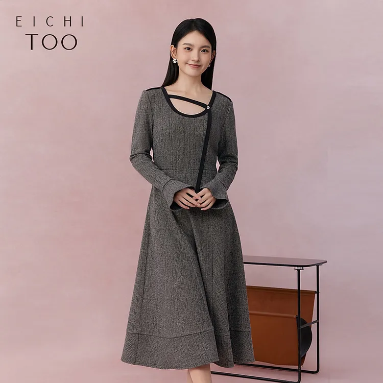 爱居兔春季新款时髦小众设计感挂脖长袖连衣裙EQLCJ1P001A