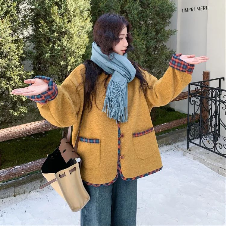 南瓜色格子拼接小个子毛呢外套女秋冬季2025新款洋气减龄呢子大衣
