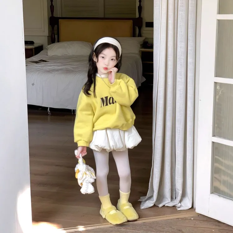 韩系女童冬季套装2025儿童新款加绒字母卫衣夹棉裙秋冬休闲两件套
