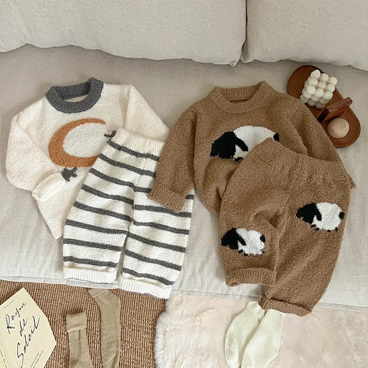 儿童毛绒卡通家居服套装2025秋冬新款男女童加厚睡衣睡裤两件套潮