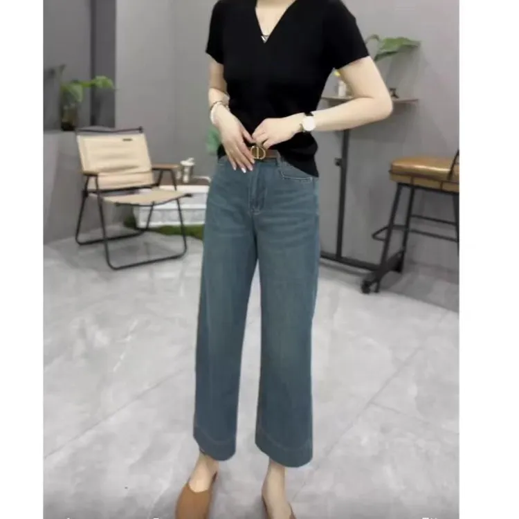 秋季新款梨形身材显瘦窄版阔腿牛仔裤女大码高腰弹力九分直筒裤子