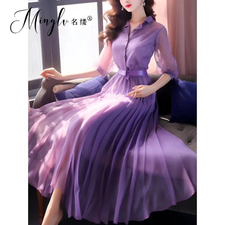 2025秋款女装法式高贵洋派富家千金高腰a字百褶大摆衬衫式连衣裙