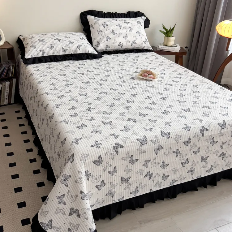 韩式荷叶花边床盖夹棉加厚双层纱皱皱纱可水洗可机洗床盖三件套