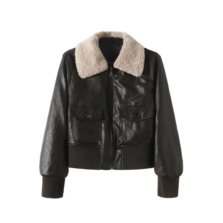 2025冬明星同款复古美式绵羊皮短款毛领皮衣外套HQ-MYJ