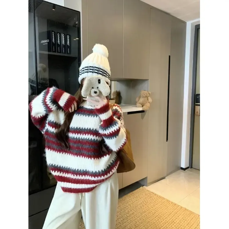 2025秋冬季新款条纹韩系慵懒风时尚设计感条纹毛衣百搭长袖上衣