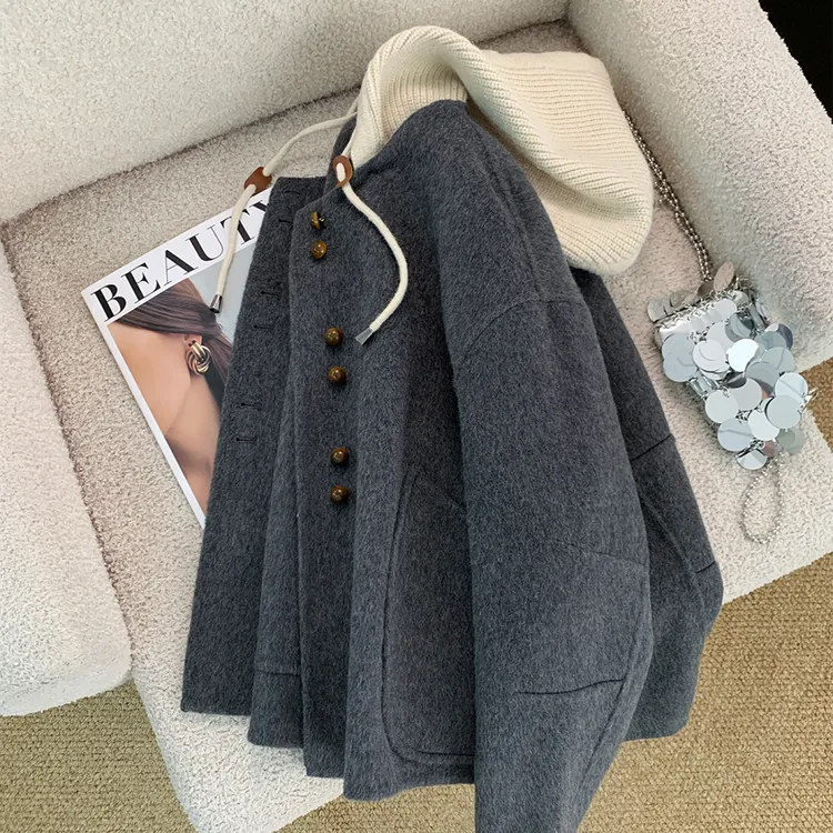 灰色拼接针织连帽毛呢外套女2025秋季新款韩系高级感短款呢子大衣
