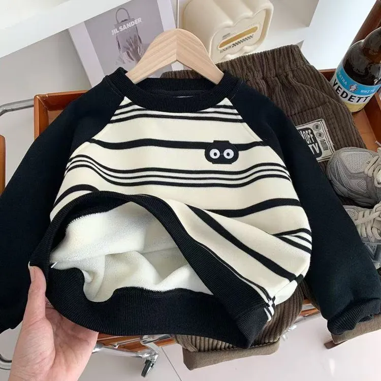 男童一体绒卫衣保暖条纹儿童插肩袖套头衫冬季韩版打底加绒上衣潮