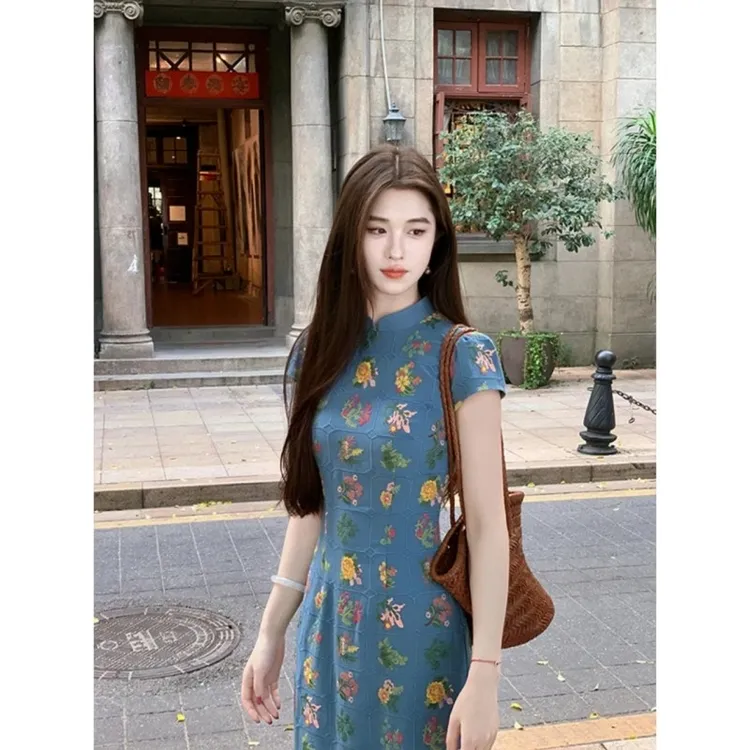 新中式国风长裙夏季新款收腰显瘦设计感气质优雅刺绣旗袍连衣裙女