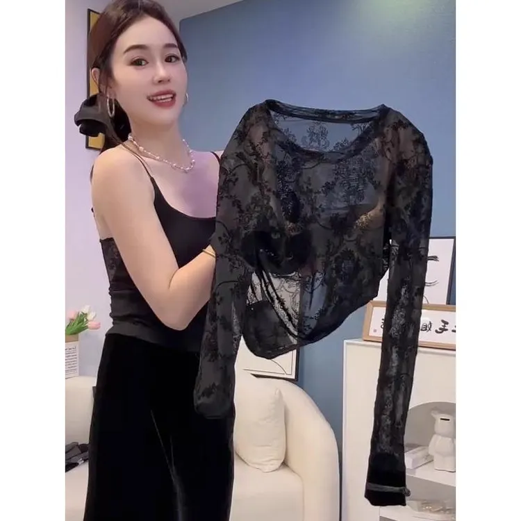 复古新中式圆领长袖植绒打底衫女2025年春秋新款透感蕾丝黑色上衣