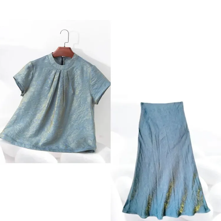 【浮光锦时尚套装】浮光锦弹力带侧拉链短袖上衣+鱼尾裙套装dz309