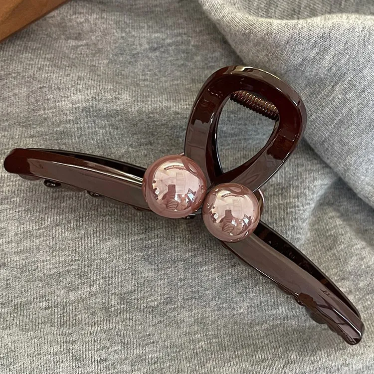 原版PC复古咖色珠珠新款大号鲨鱼夹发夹后脑勺抓夹刘海氛围上班族