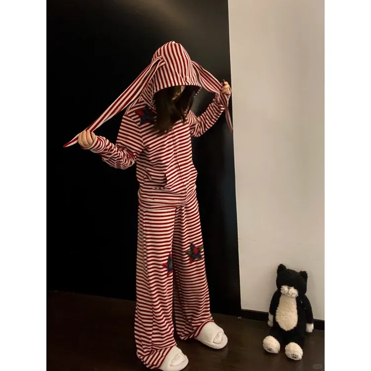 【DMXJ大梦想家】甜酷辣妹兔耳条纹设计感睡衣女秋宽松阔腿长裤套装