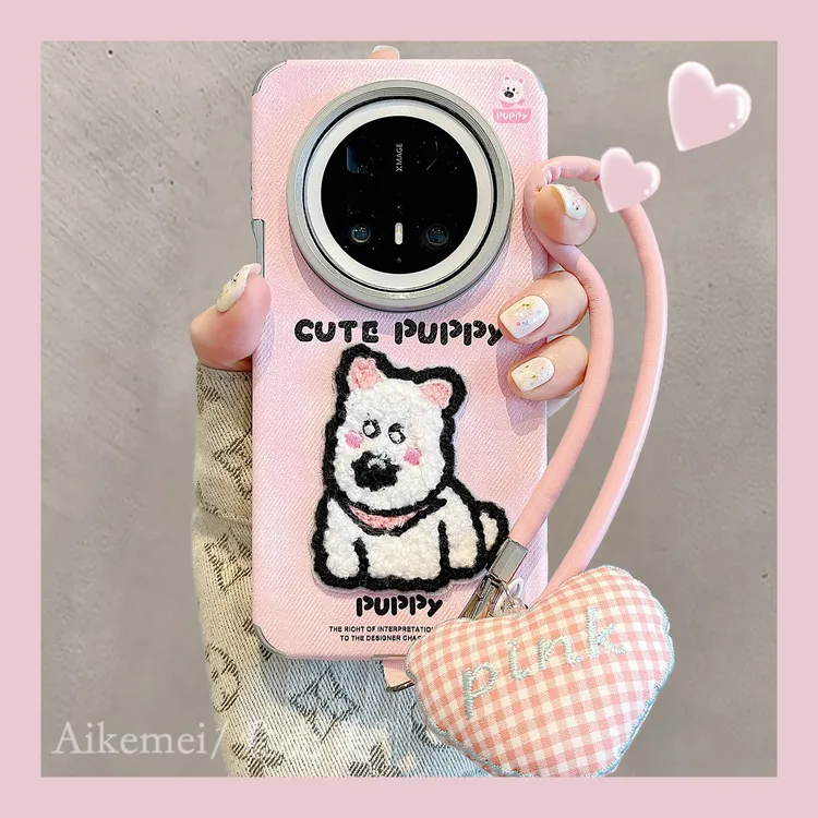 适用华为mate70pro+手机壳牛仔纹刺绣Mate60pro+毛绒小狗爱心挂绳