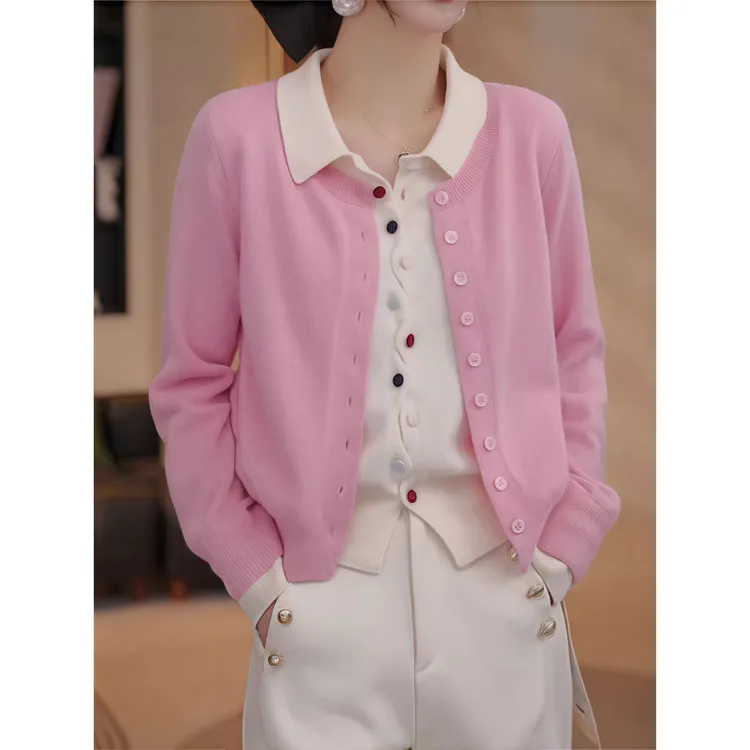 减龄撞色假两件毛衣女2025春秋新款设计感洋气彩扣针织开衫潮上衣