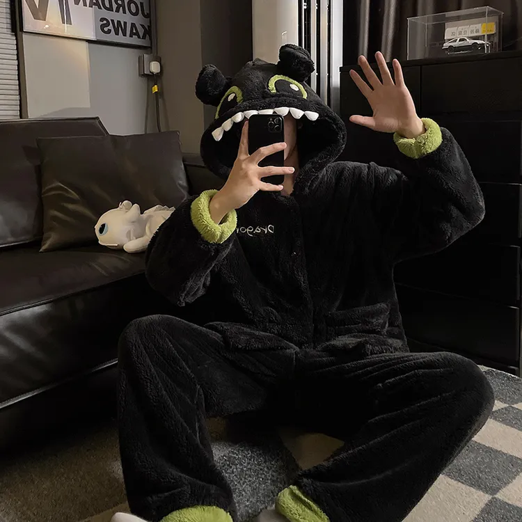 黑色无牙仔连帽睡衣男秋冬季珊瑚绒加绒加厚青少年卡通家居服套装
