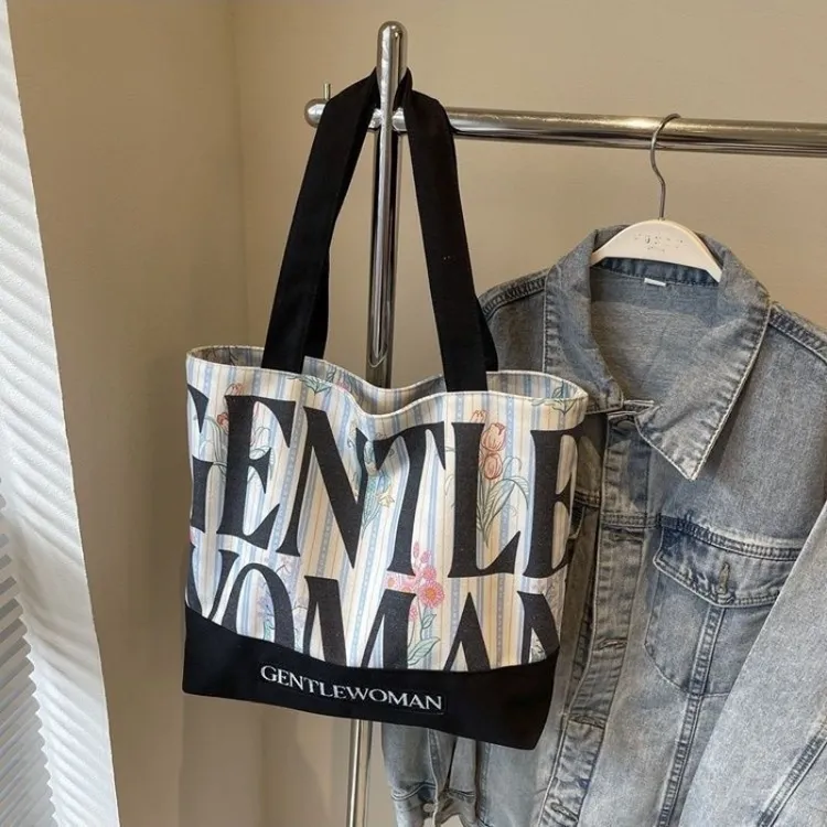 时尚手提字母帆布包包新款小众大容量大学生上课通勤单肩托特包LX