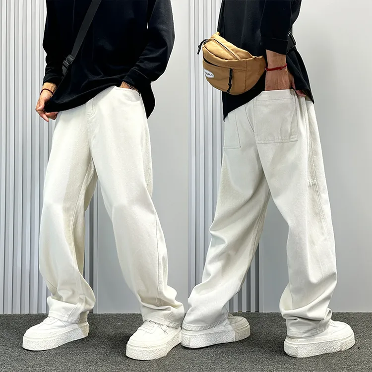 高级感纯色简约拉链牛仔裤男春秋款宽松阔腿休闲裤子男士直筒长裤