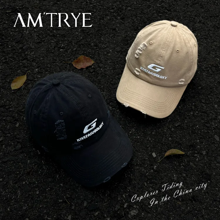 AMTRYE 做旧破洞鸭舌帽男款大檐深顶遮阳帽韩版百搭字母棒球帽男