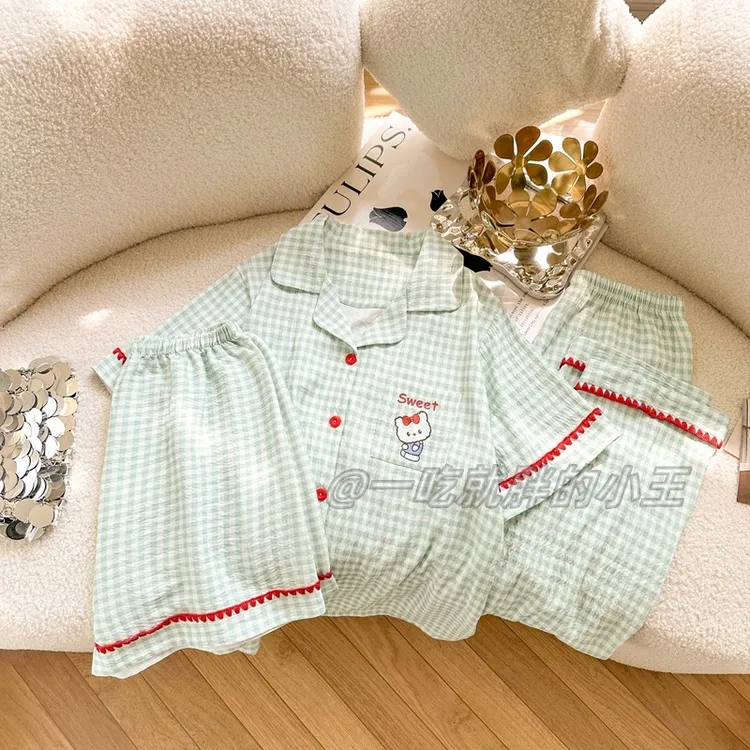 小王家三件套|薄荷格子2025新款大码家居服胖mm可外出穿睡衣套装