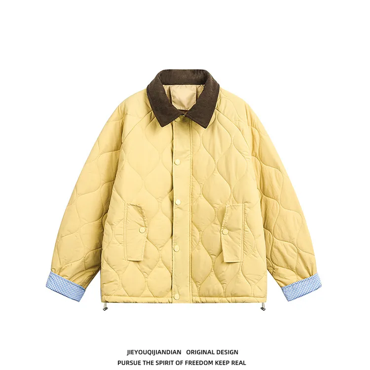 韩版复古潮牌菱格拼接撞色翻领棉衣男女冬季情侣宽松情侣保暖棉服