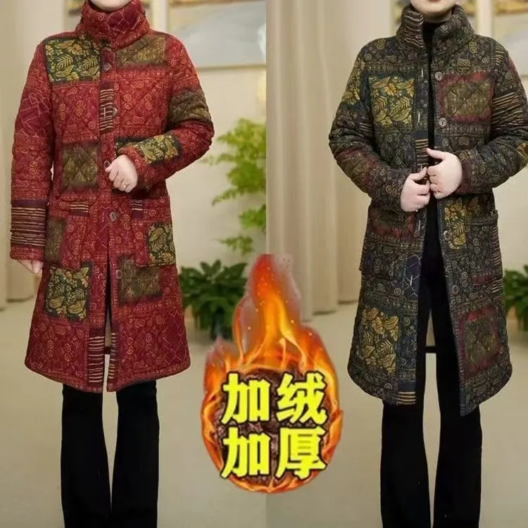 2025中老年棉服冬季新款妈妈加绒加厚大码保暖中长款棉袄外套