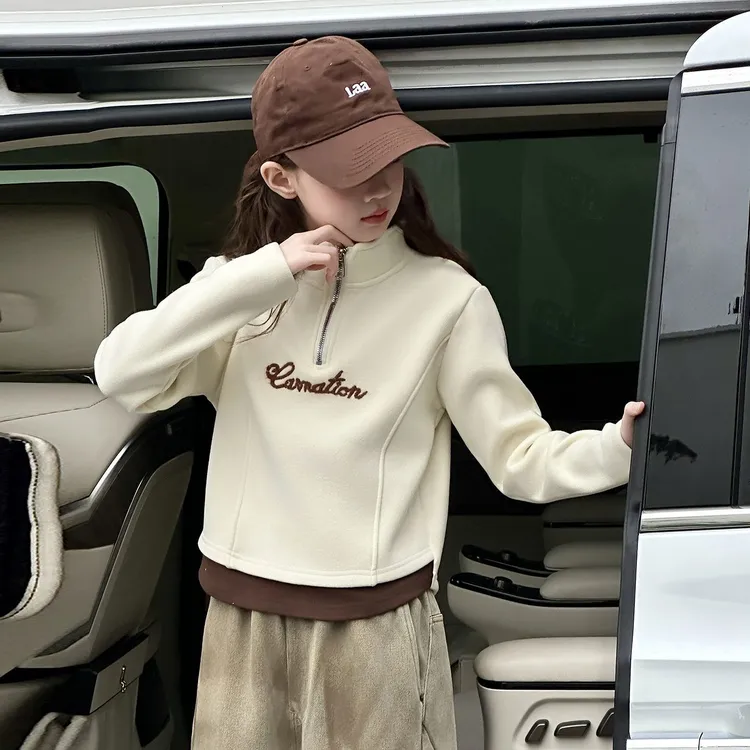 女童加绒卫衣2025年儿童秋冬装加厚半拉链绣花上衣女孩冬季打底衫