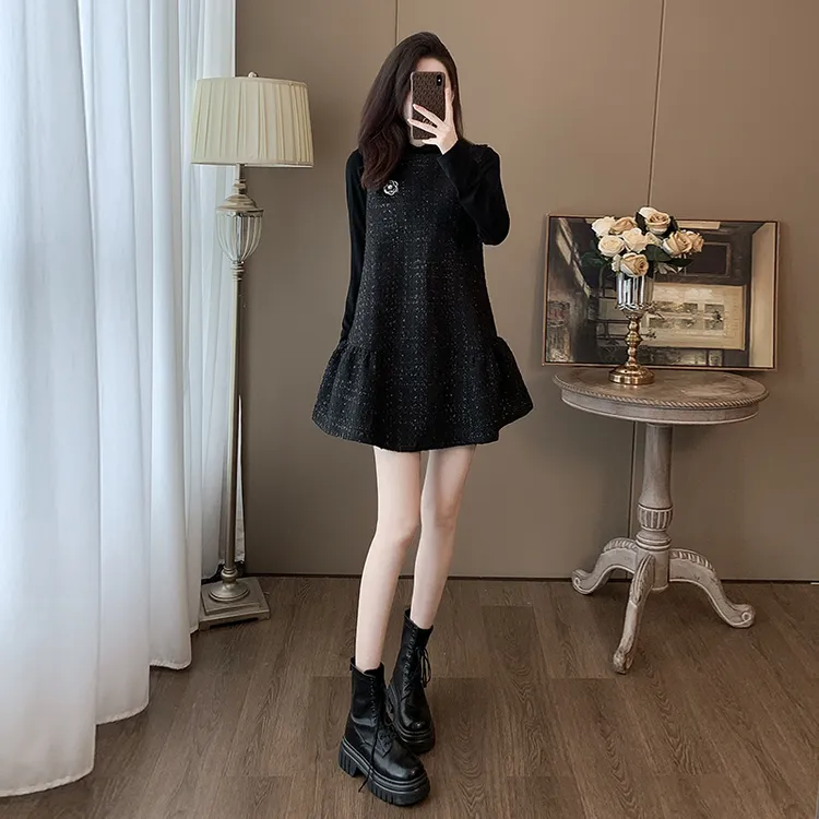 2025秋冬新款A字裙长袖大码连衣裙中长裙常规H型钉珠百搭洋气设计